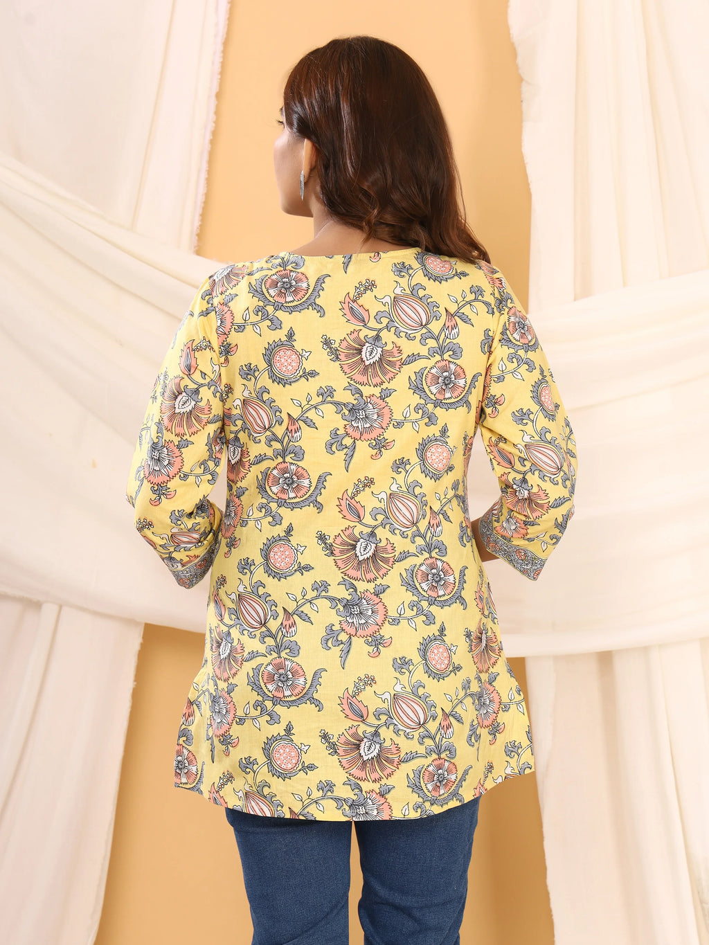 Sanganeri Yellow Pastel Floral Print Pure Cotton Top