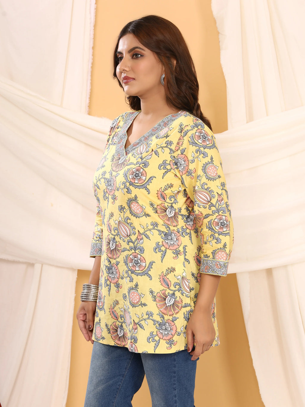 Sanganeri Yellow Pastel Floral Print Pure Cotton Top