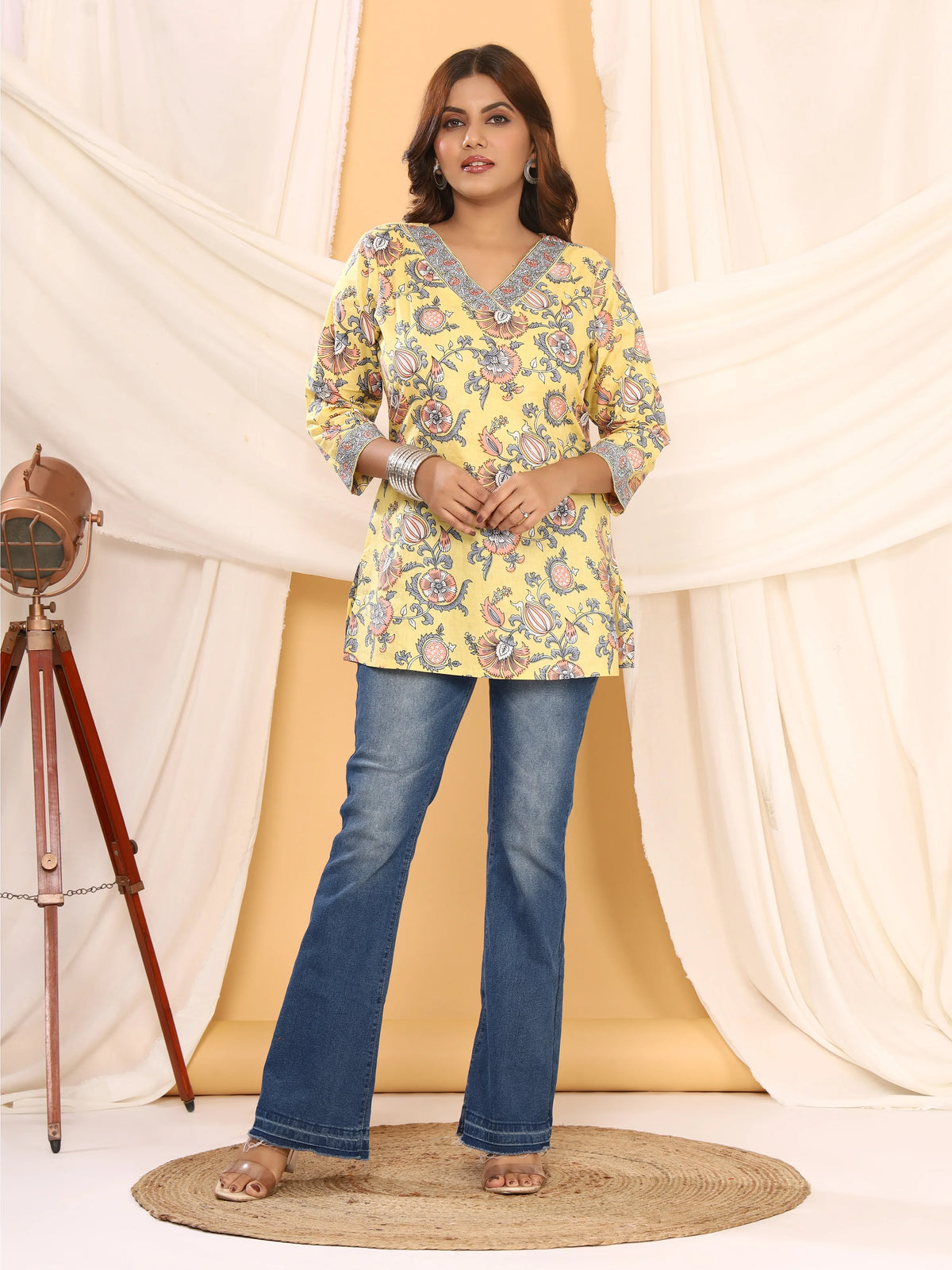 Sanganeri Yellow Pastel Floral Print Pure Cotton Top