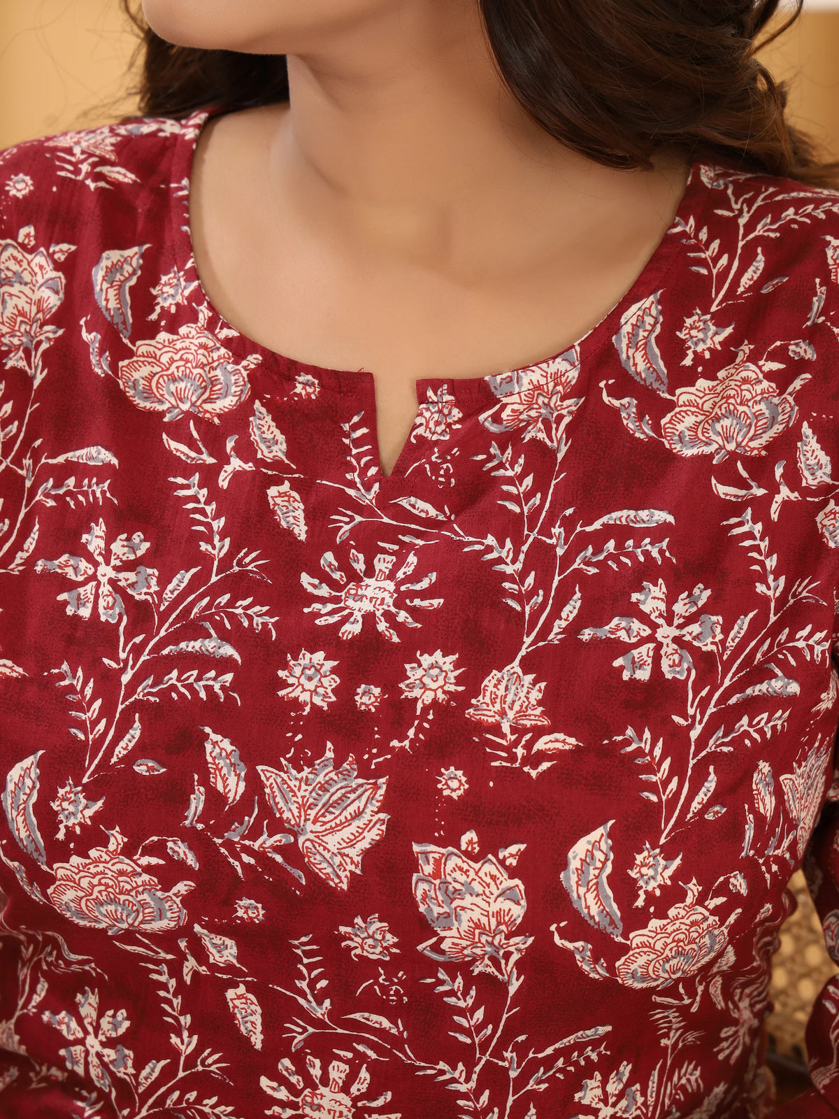 Sanganeri Maroon Floral Print Pure Cotton Top