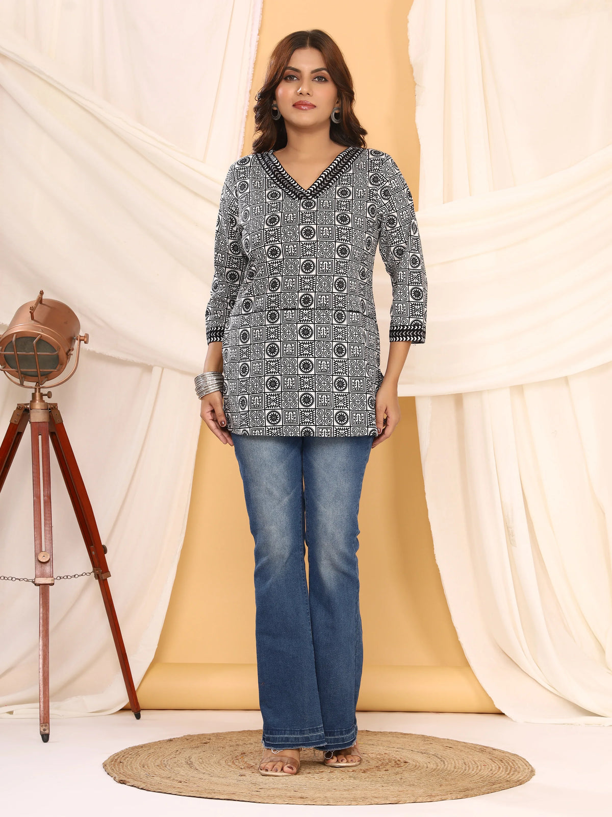 Tribal Black & White Geometric Print Pure Cotton Top