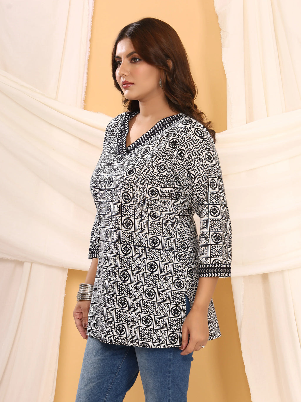 Tribal Black & White Geometric Print Pure Cotton Top