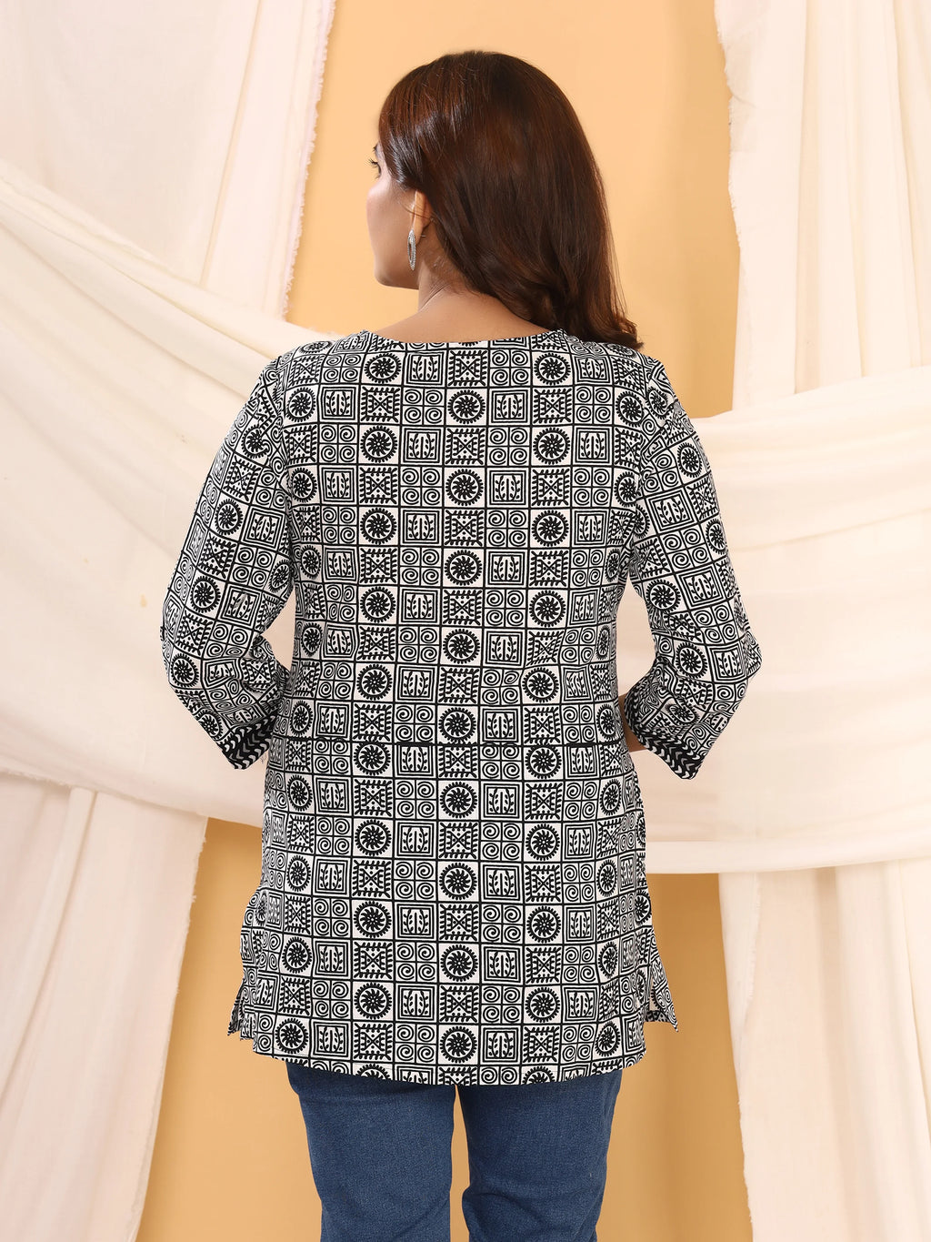 Tribal Black & White Geometric Print Pure Cotton Top