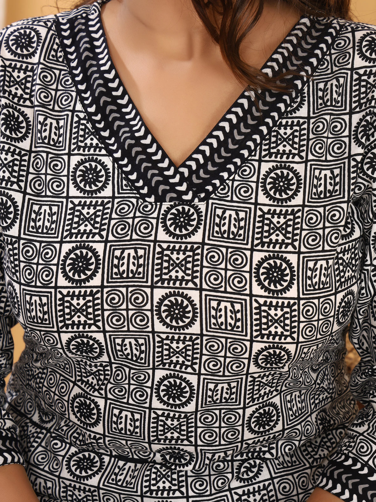 Tribal Black & White Geometric Print Pure Cotton Top