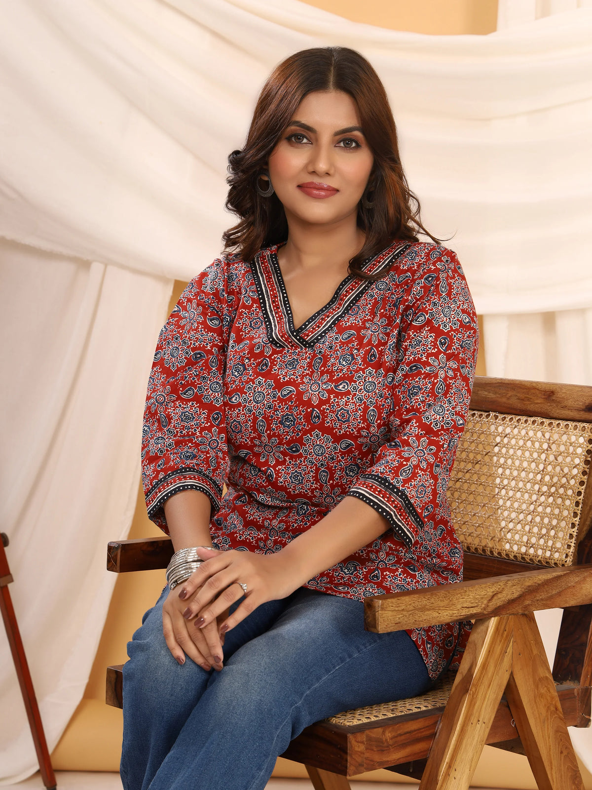 Ajrakh Red & Navy Geometric Print Pure Cotton Top