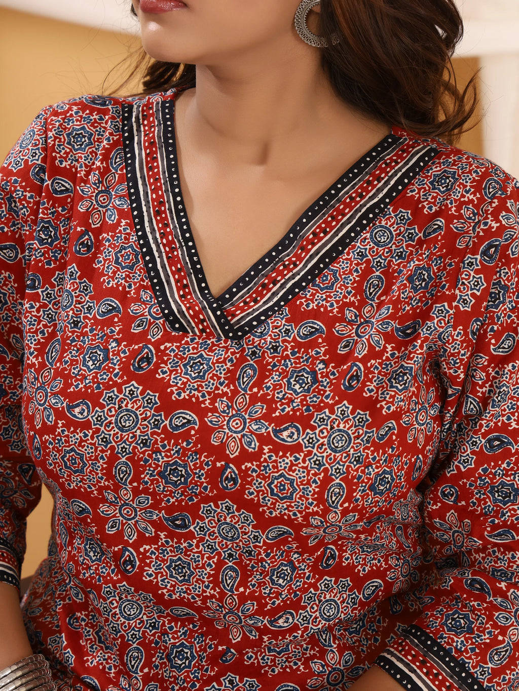 Ajrakh Red & Navy Geometric Print Pure Cotton Top