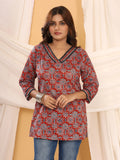Ajrakh Red & Navy Geometric Print Pure Cotton Top