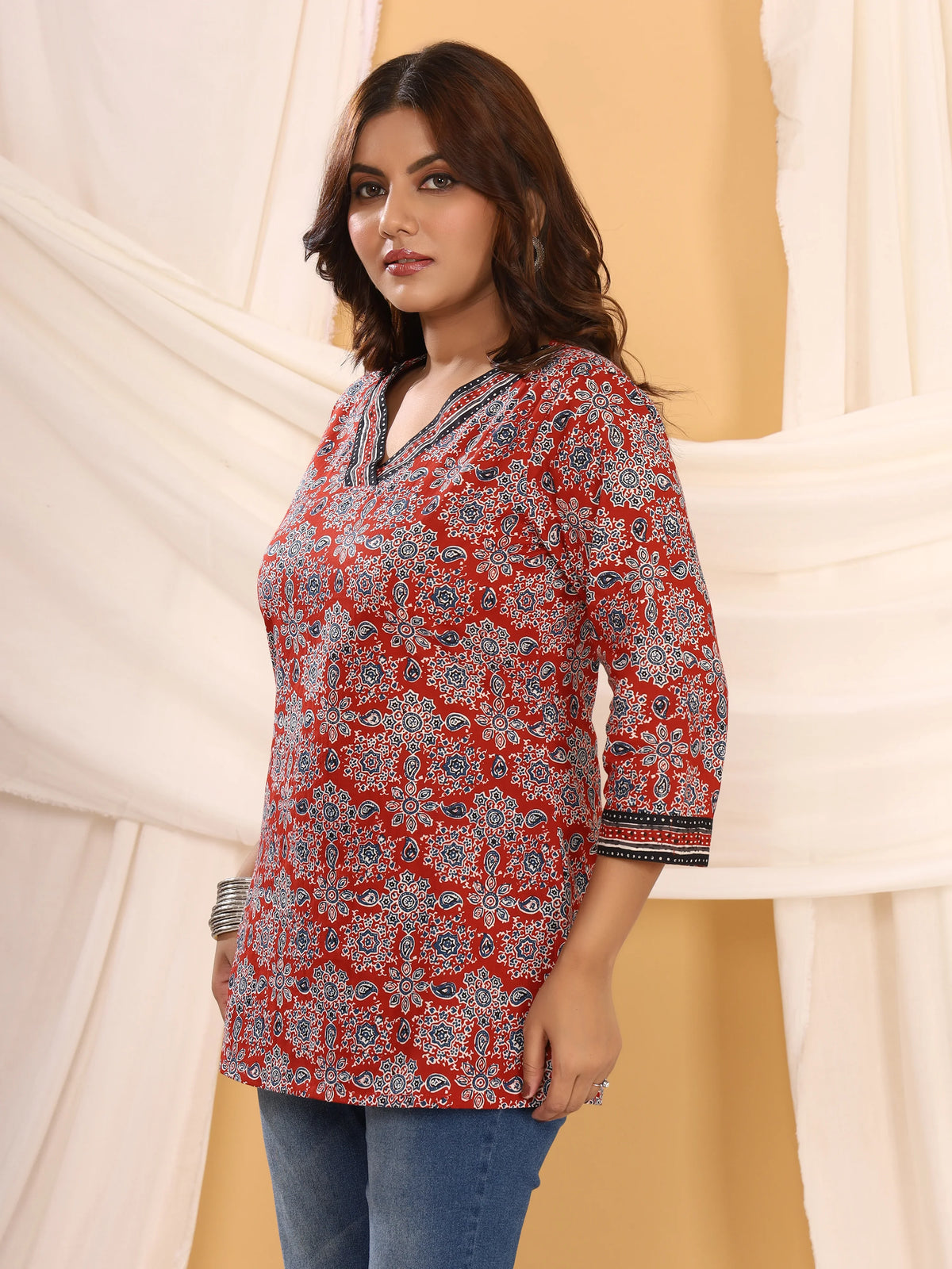 Ajrakh Red & Navy Geometric Print Pure Cotton Top
