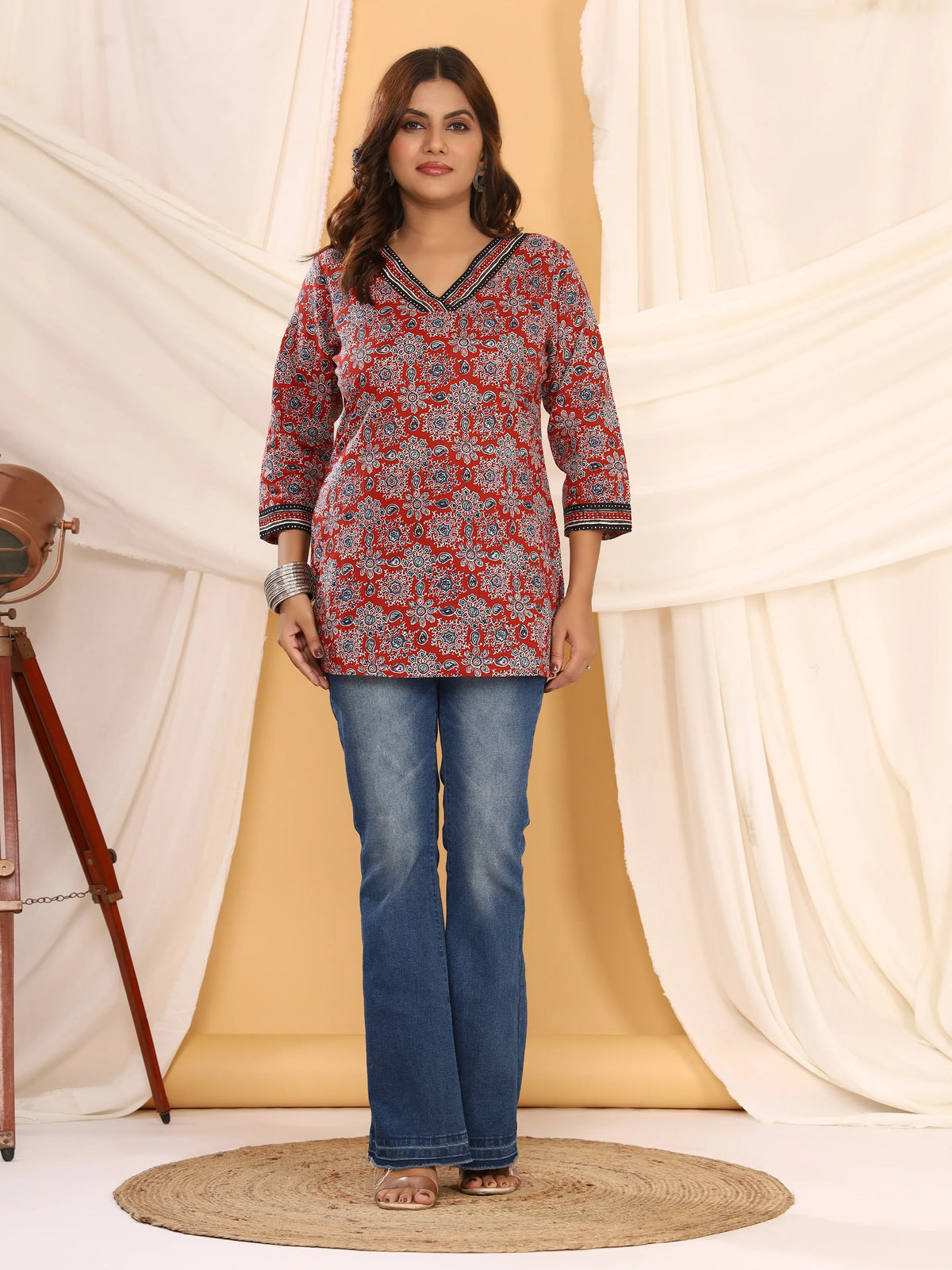 Ajrakh Red & Navy Geometric Print Pure Cotton Top
