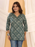 Ajrakh Green & White Geometric Print Pure Cotton Top