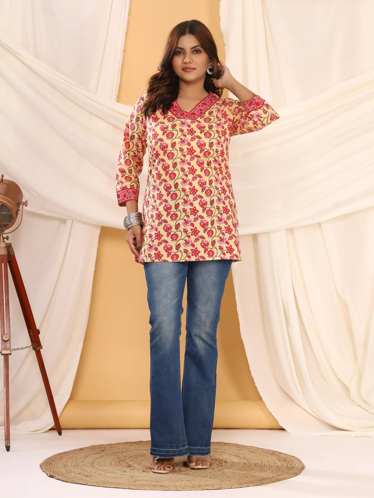 Sanganeri Yellow Floral Print Pure Cotton Top
