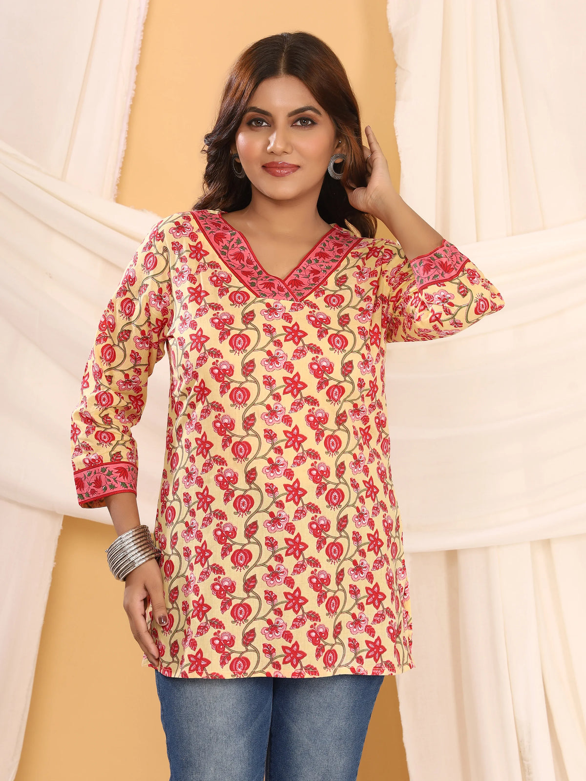 Sanganeri Yellow Floral Print Pure Cotton Top