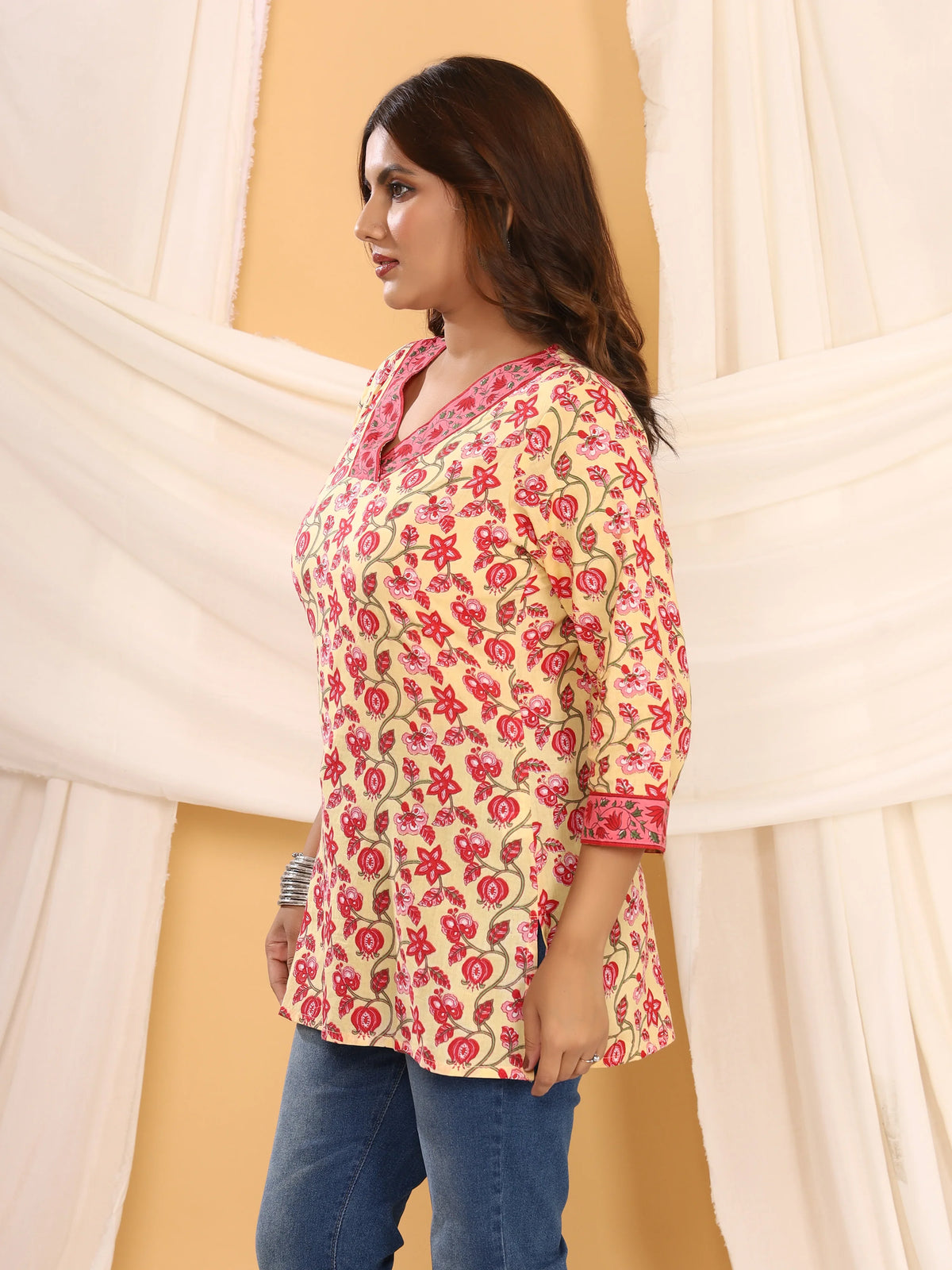Sanganeri Yellow Floral Print Pure Cotton Top