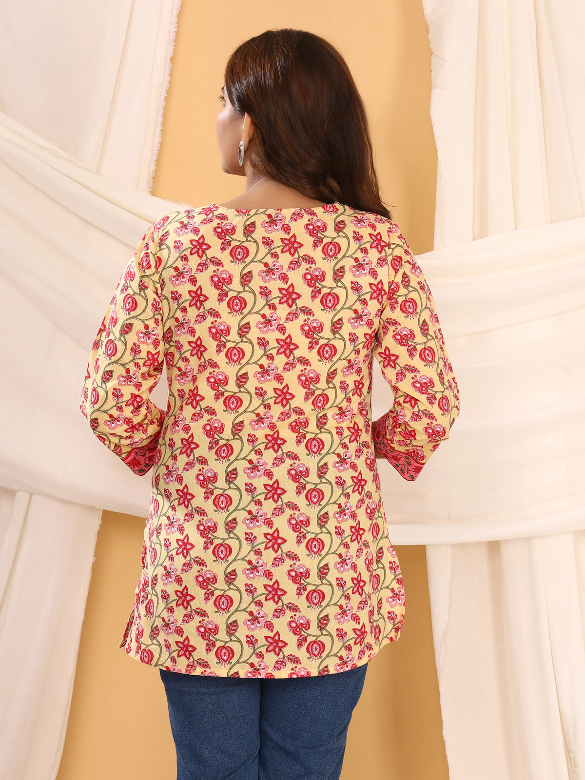Sanganeri Yellow Floral Print Pure Cotton Top