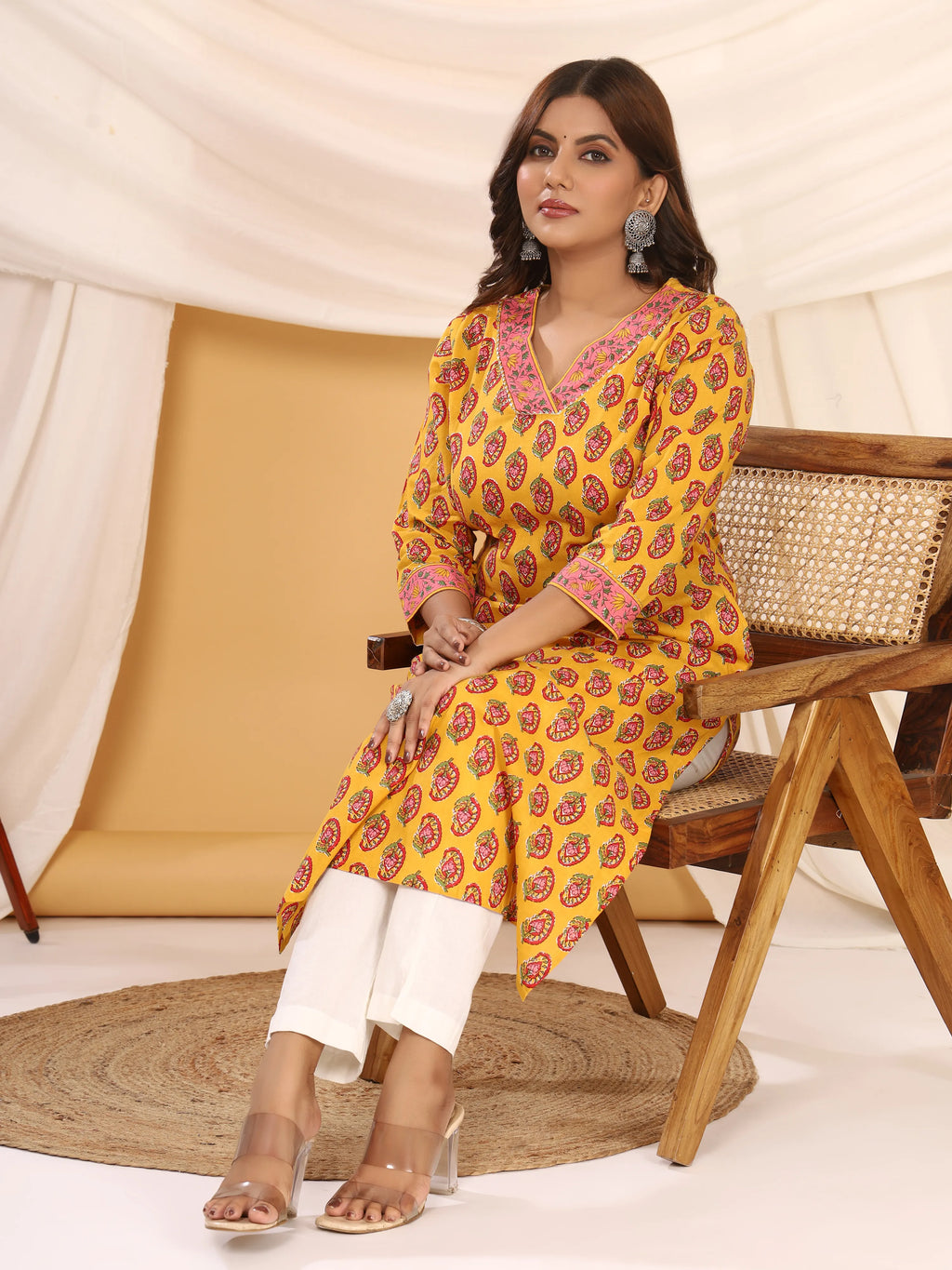 Sanganeri Kairi Buti Print Mustard Cotton Kurti