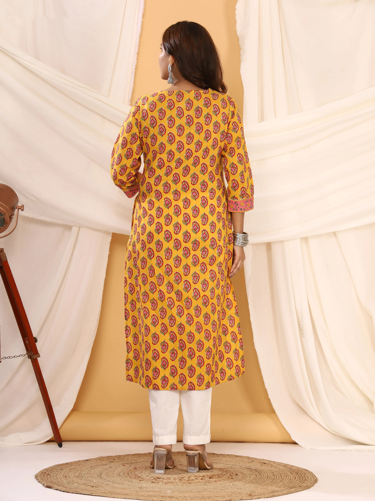 Sanganeri Kairi Buti Print Mustard Cotton Kurti