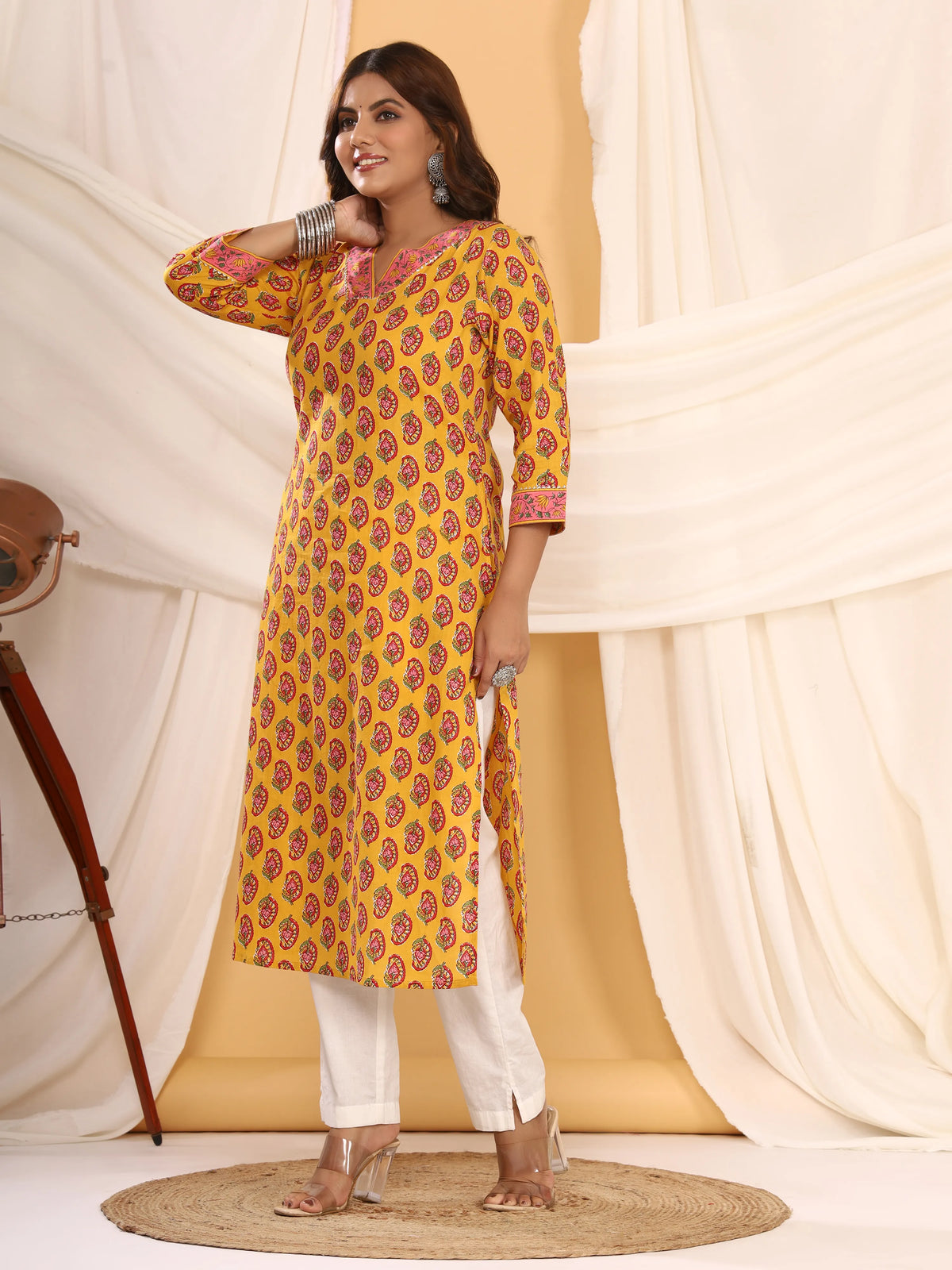 Sanganeri Kairi Buti Print Mustard Cotton Kurti