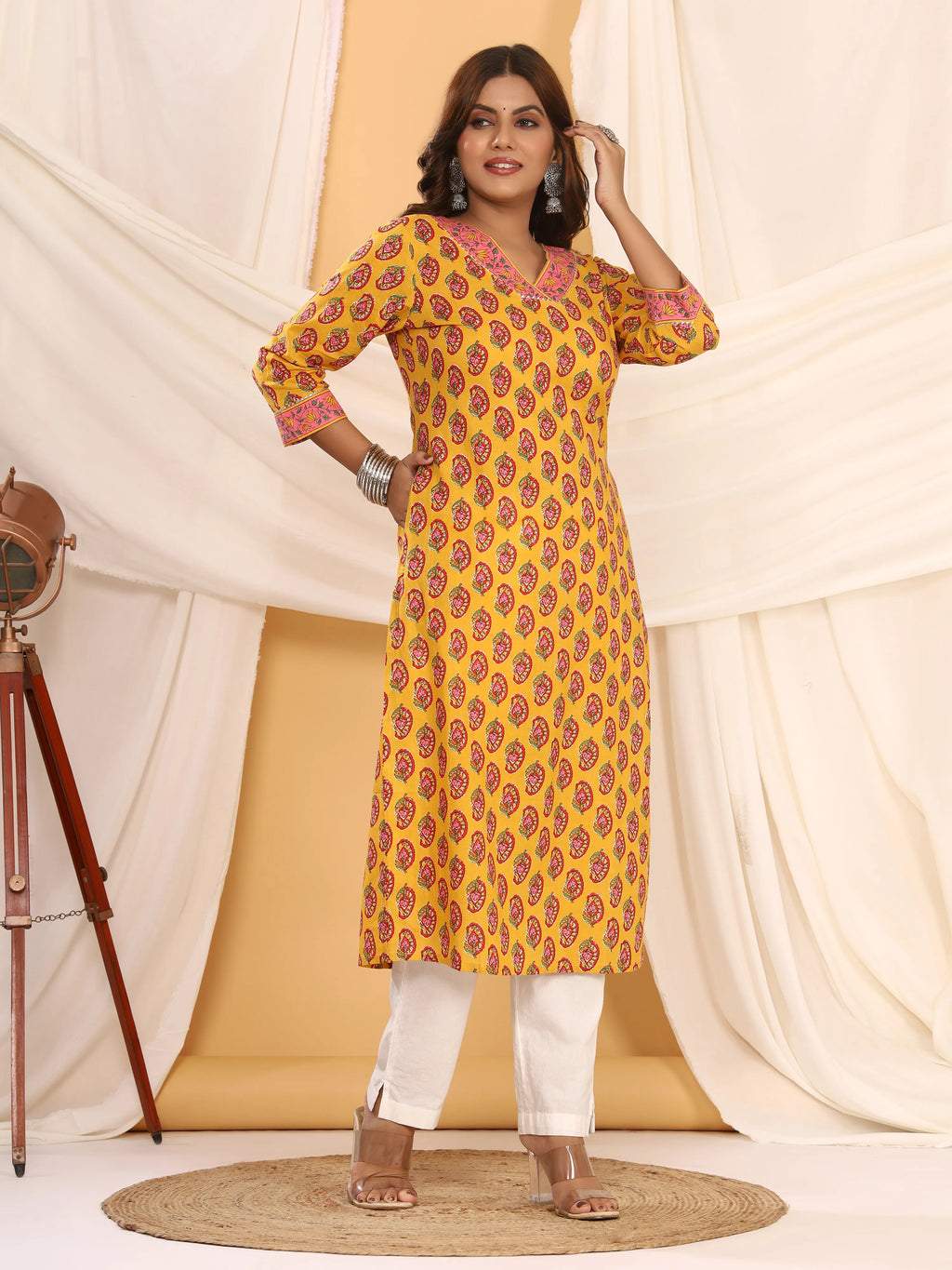 Sanganeri Kairi Buti Print Mustard Cotton Kurti