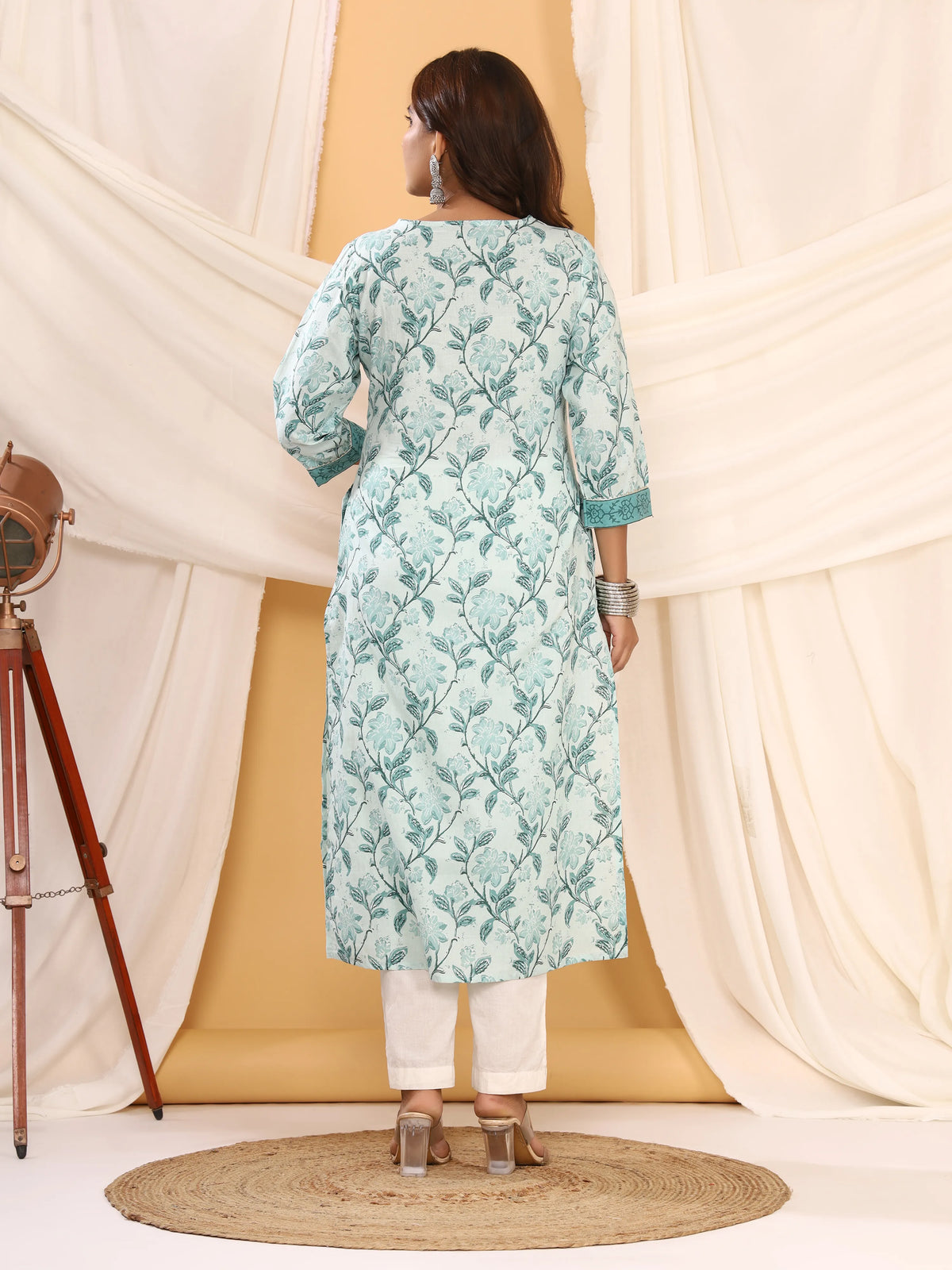 Sanganeri Floral Print Sky Blue Cotton Kurti