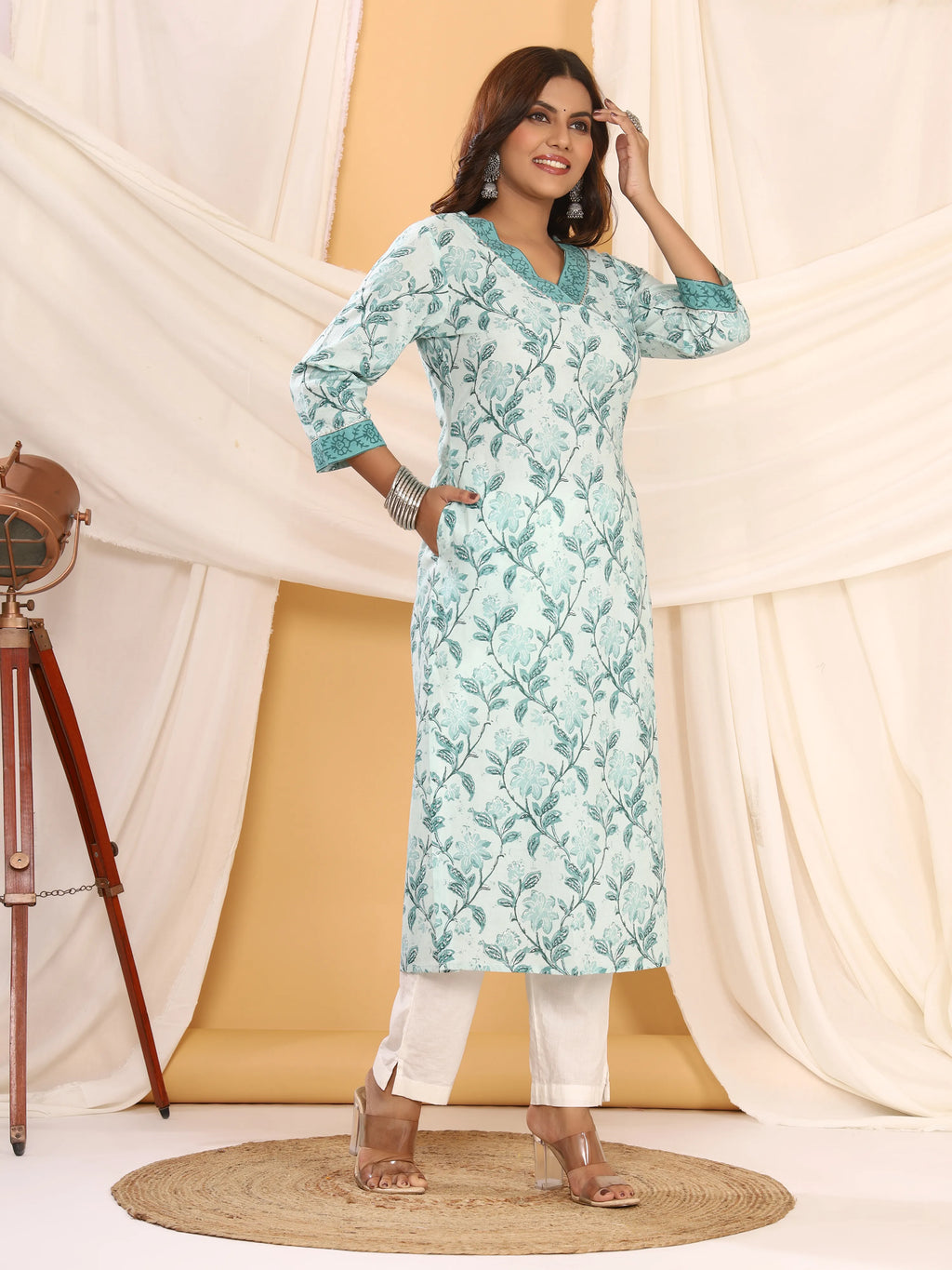 Sanganeri Floral Print Sky Blue Cotton Kurti