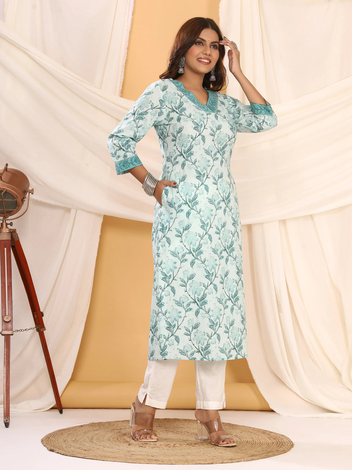 Sanganeri Floral Print Sky Blue Cotton Kurti