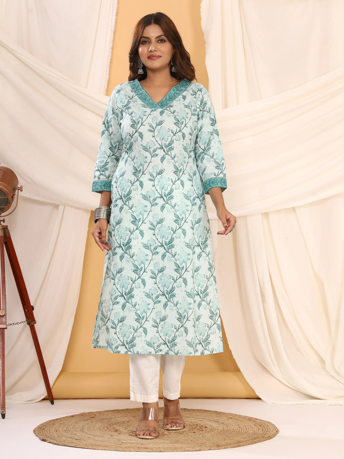 Sanganeri Floral Print Sky Blue Cotton Kurti