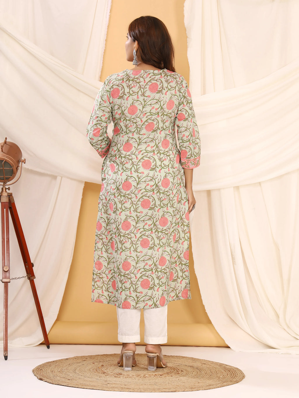 Sanganeri Floral Print Sage Green Cotton Kurti