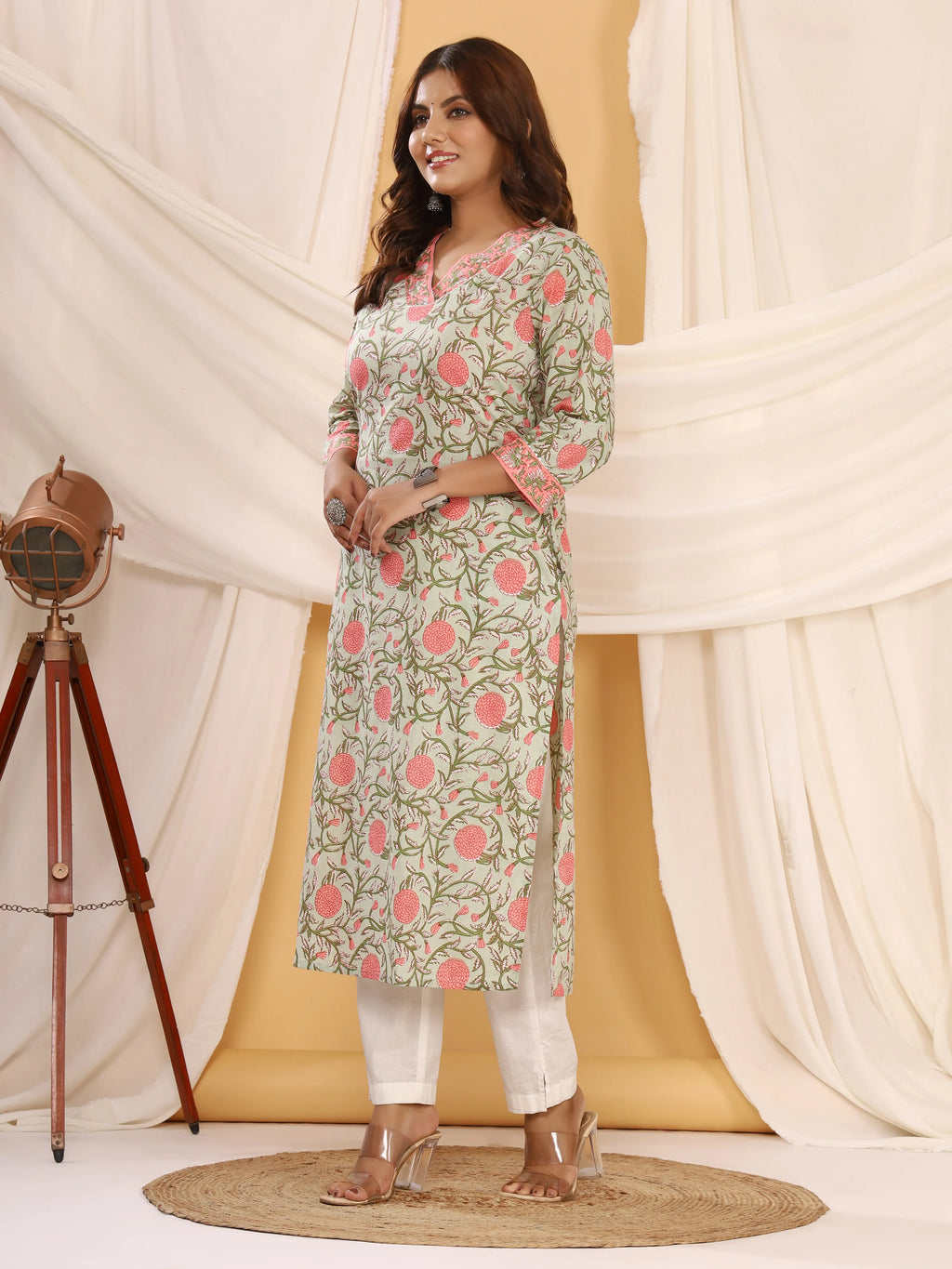 Sanganeri Floral Print Sage Green Cotton Kurti