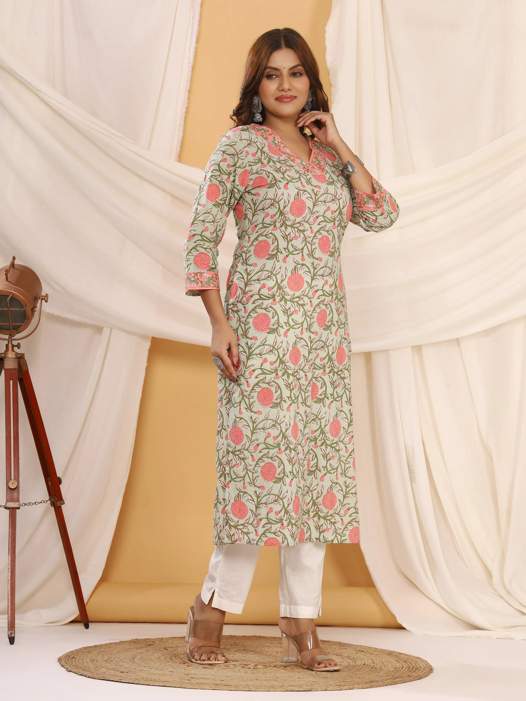 Sanganeri Floral Print Sage Green Cotton Kurti