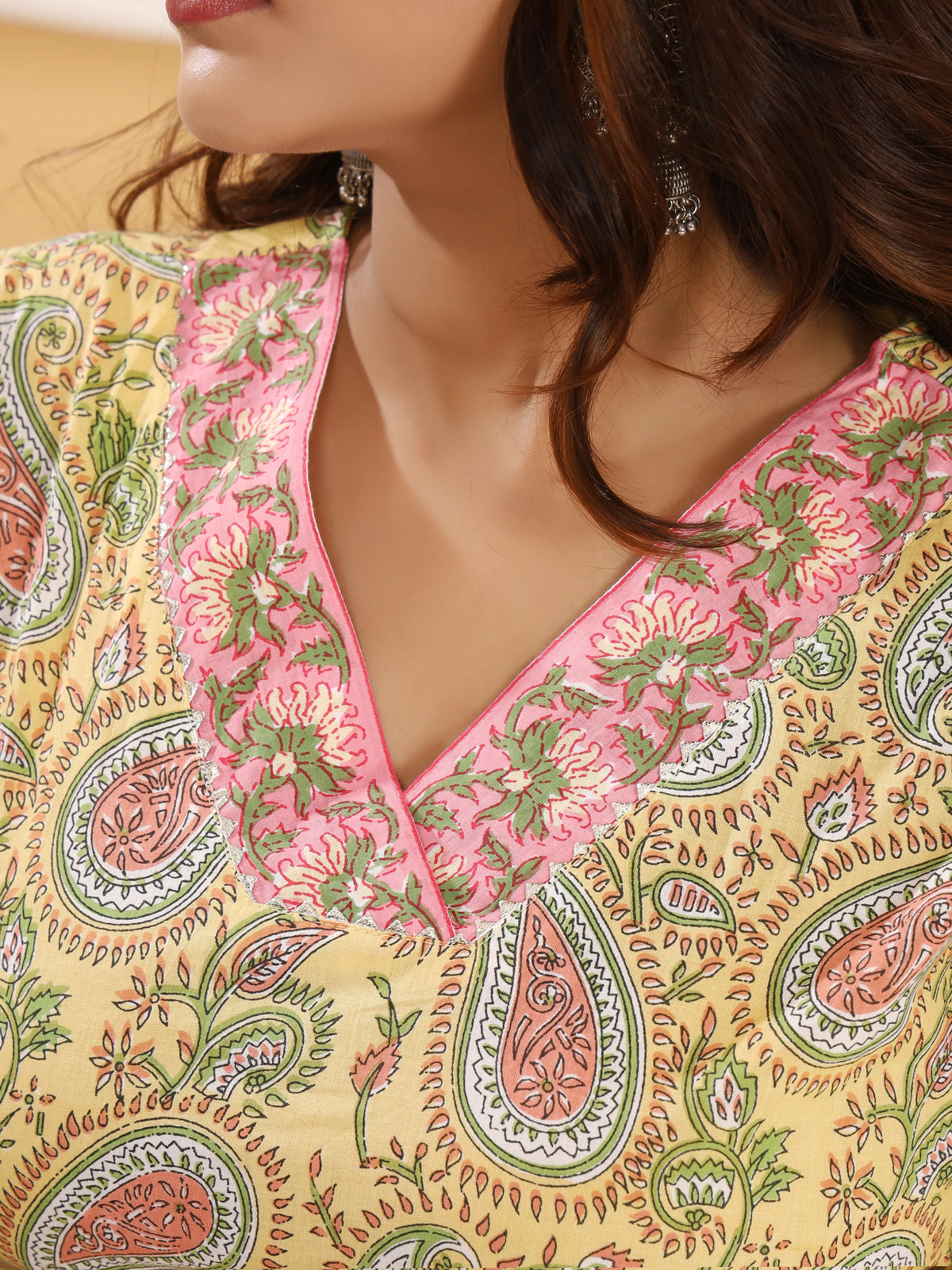 Sanganeri Floral Paisley Print Yellow Cotton Kurti