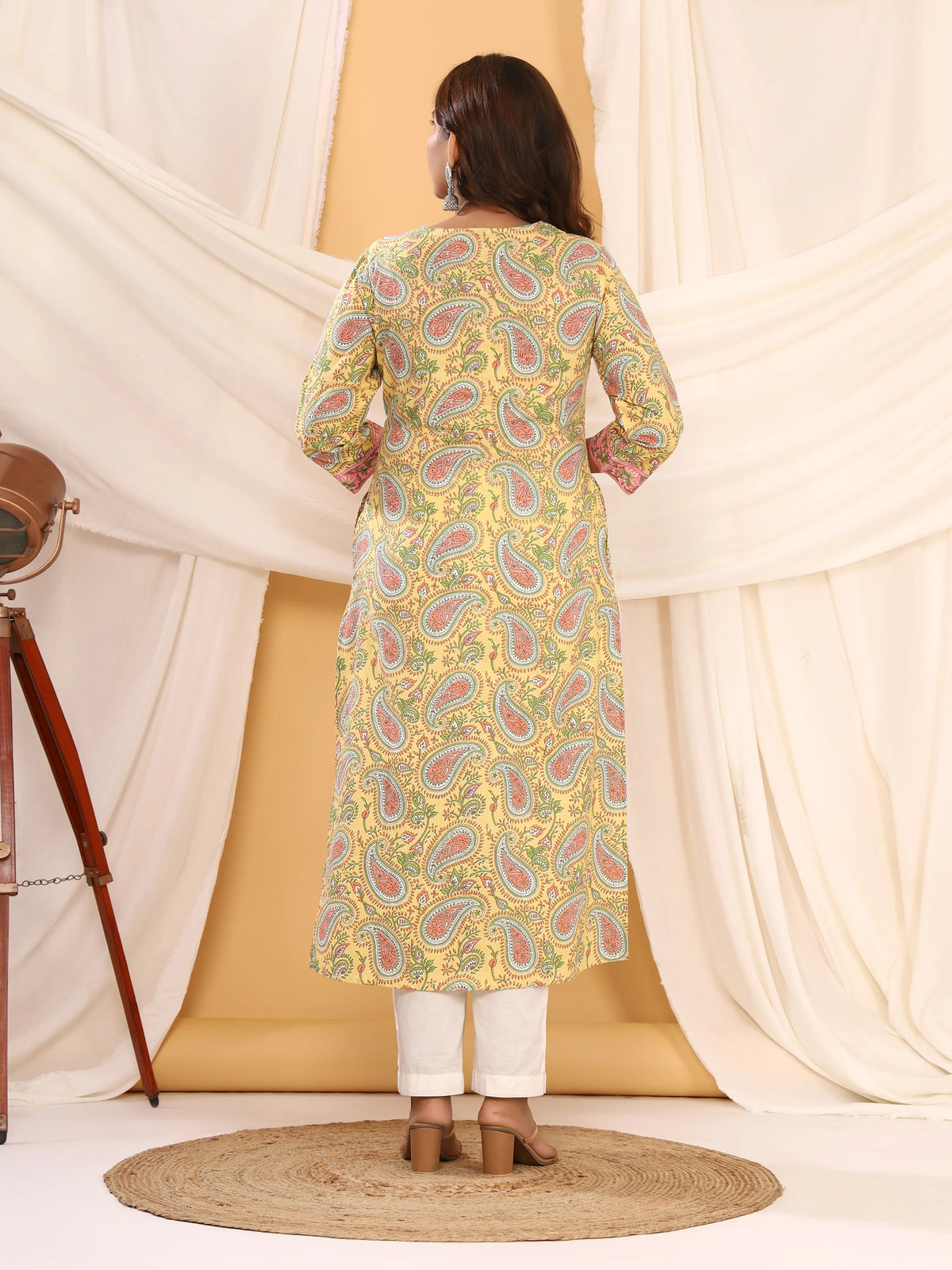 Sanganeri Floral Paisley Print Yellow Cotton Kurti