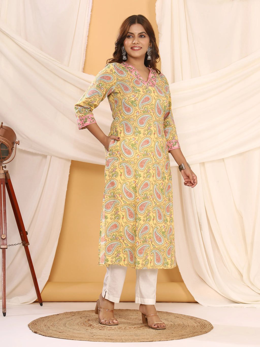 Sanganeri Floral Paisley Print Yellow Cotton Kurti