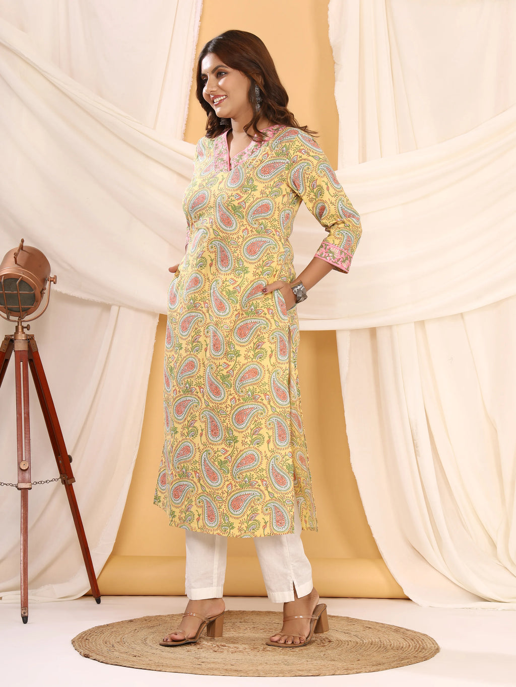 Sanganeri Floral Paisley Print Yellow Cotton Kurti