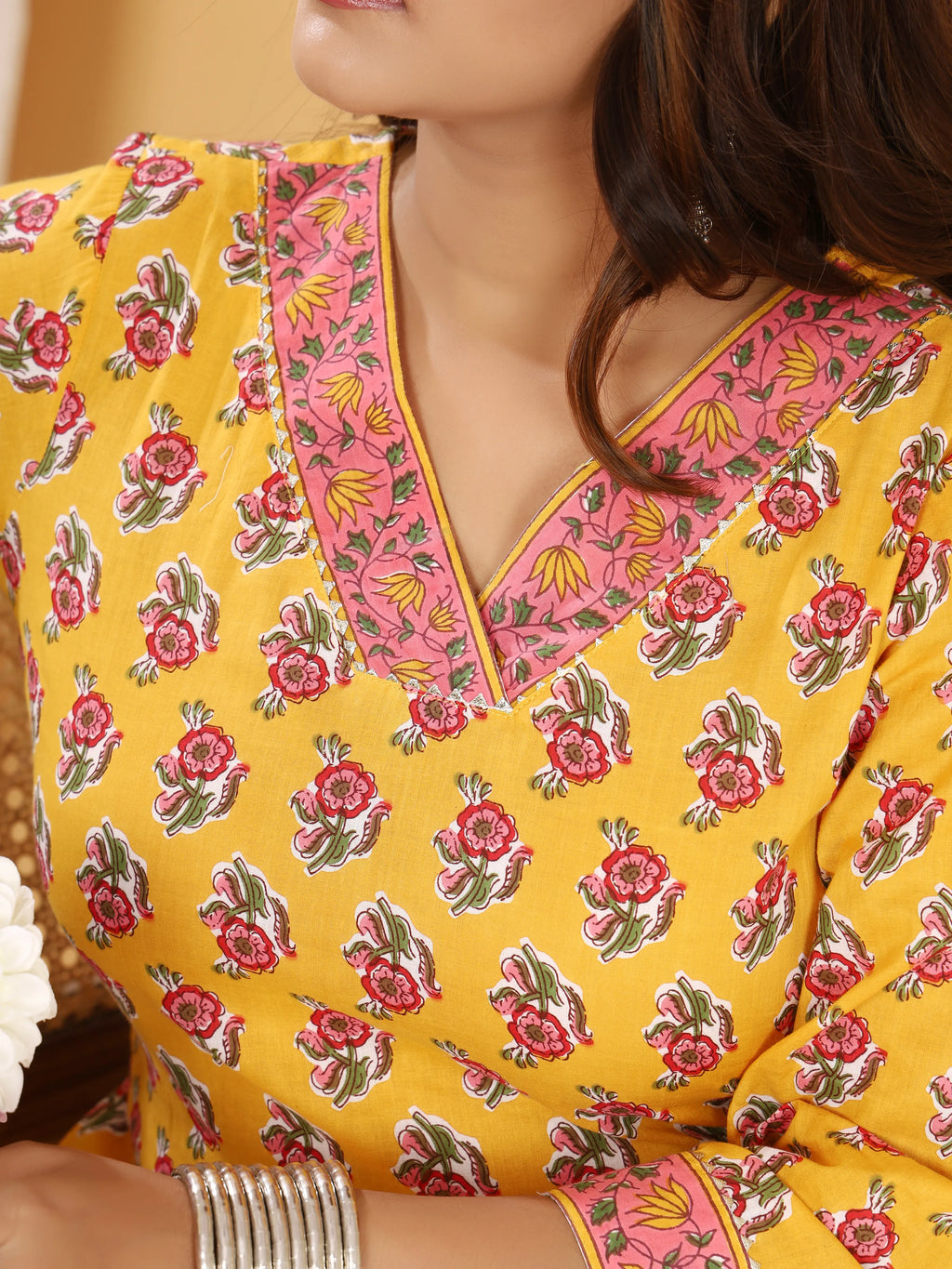 Sanganeri Rose Print Mustard Cotton Kurti