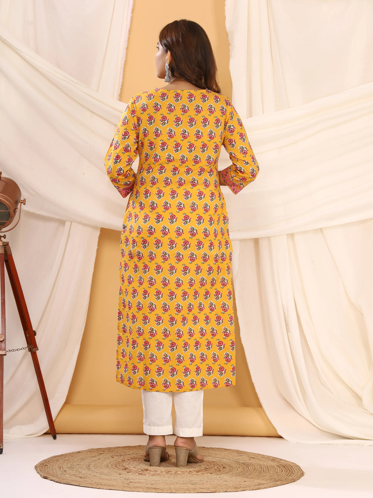 Sanganeri Rose Print Mustard Cotton Kurti
