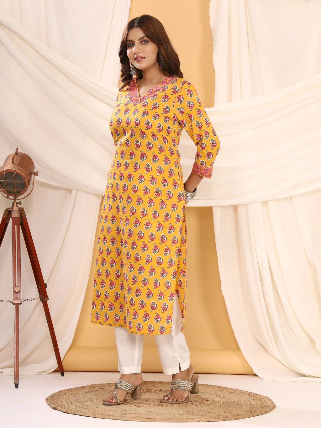 Sanganeri Rose Print Mustard Cotton Kurti