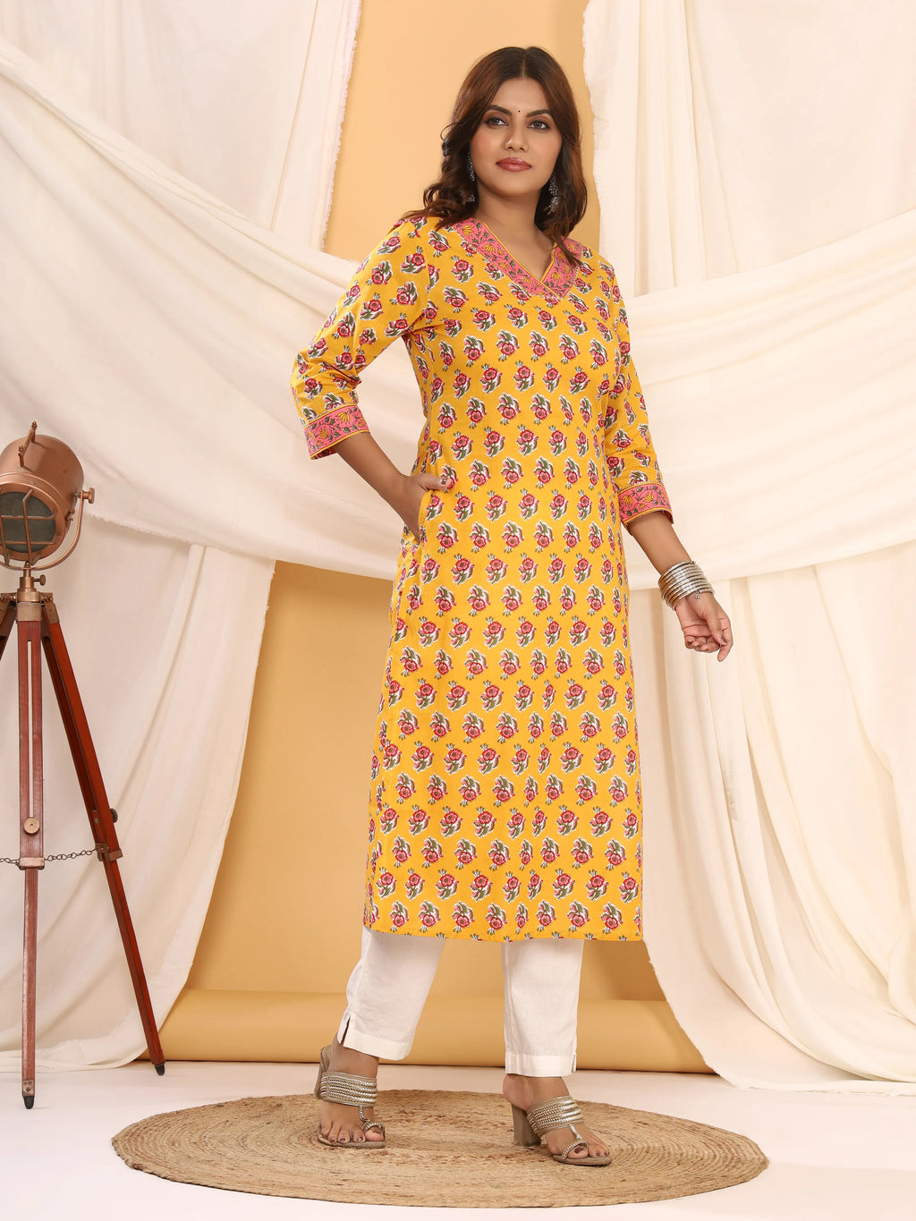 Sanganeri Rose Print Mustard Cotton Kurti