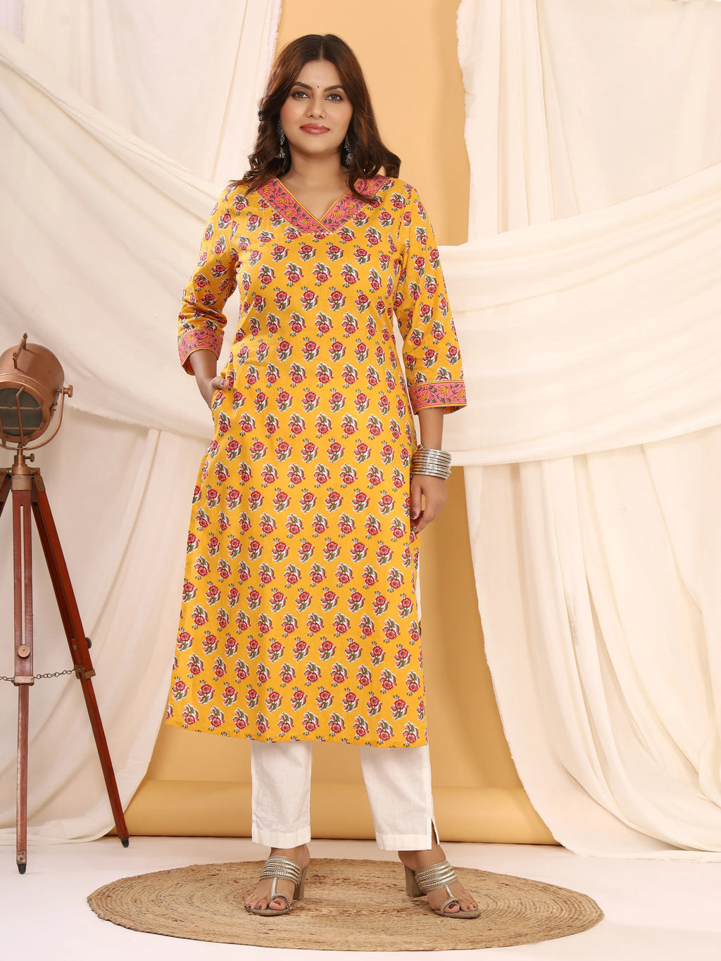 Sanganeri Rose Print Mustard Cotton Kurti