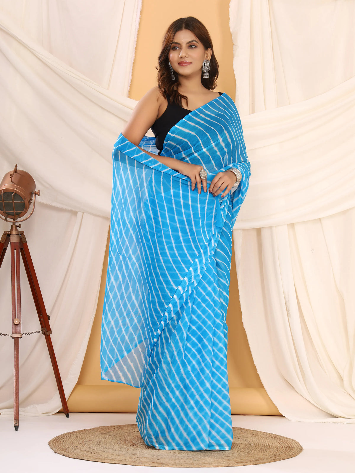Sky Blue Nazmin Chiffon Saree with Hand Tied Leheriya