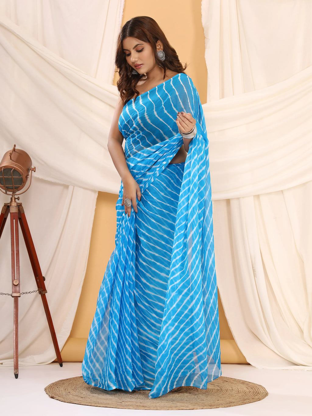 Sky Blue Nazmin Chiffon Saree with Hand Tied Leheriya