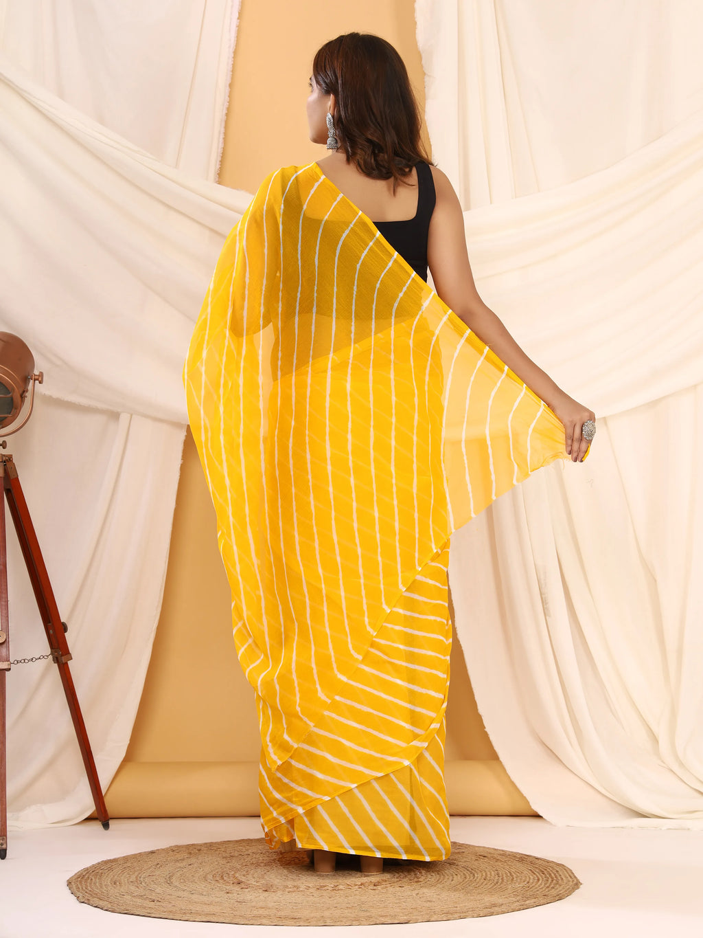 Turmeric Yellow Nazmin Chiffon Saree with Hand Tied Leheriya