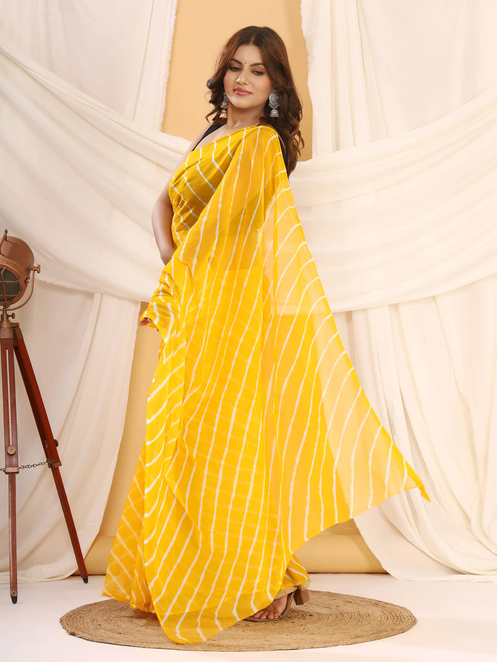 Turmeric Yellow Nazmin Chiffon Saree with Hand Tied Leheriya
