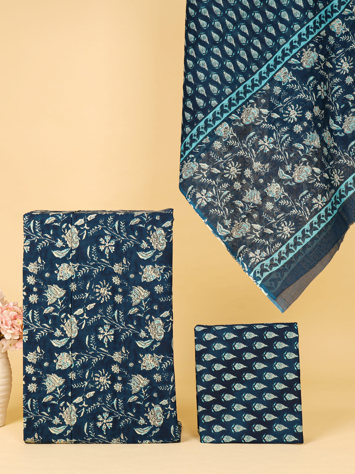 Women's Pure Cotton Sanganeri Print Unstitched Suit Set – Teal Blue Floral Buti Design