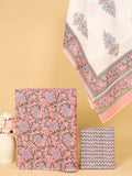 Women's Pure Cotton Sanganeri Print Unstitched Suit Set – Peach Pink & Pastel Floral Design