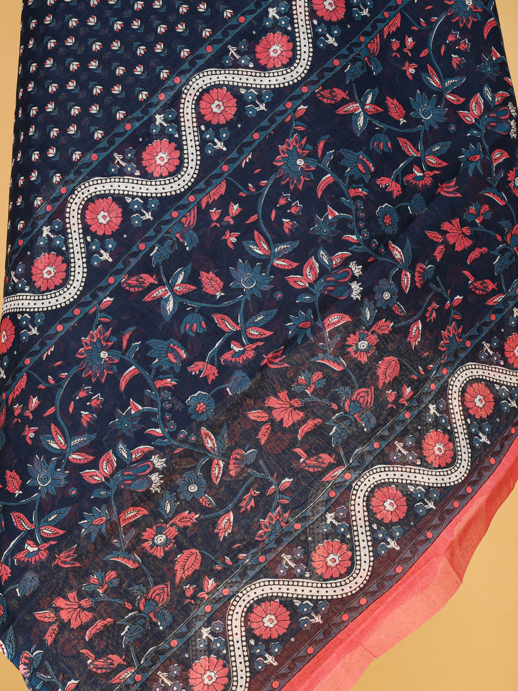 Women's Pure Cotton Sanganeri Print Unstitched Suit Set – Navy Blue & Coral Floral Design