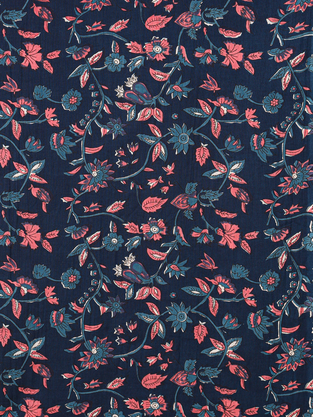 Women's Pure Cotton Sanganeri Print Unstitched Suit Set – Navy Blue & Coral Floral Design