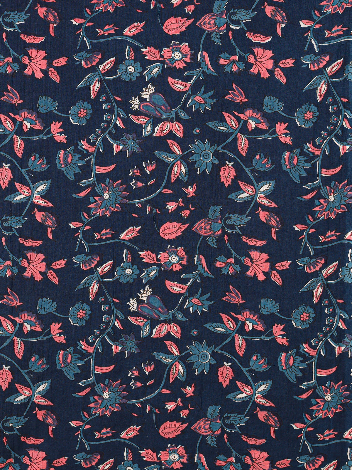 Women's Pure Cotton Sanganeri Print Unstitched Suit Set – Navy Blue & Coral Floral Design