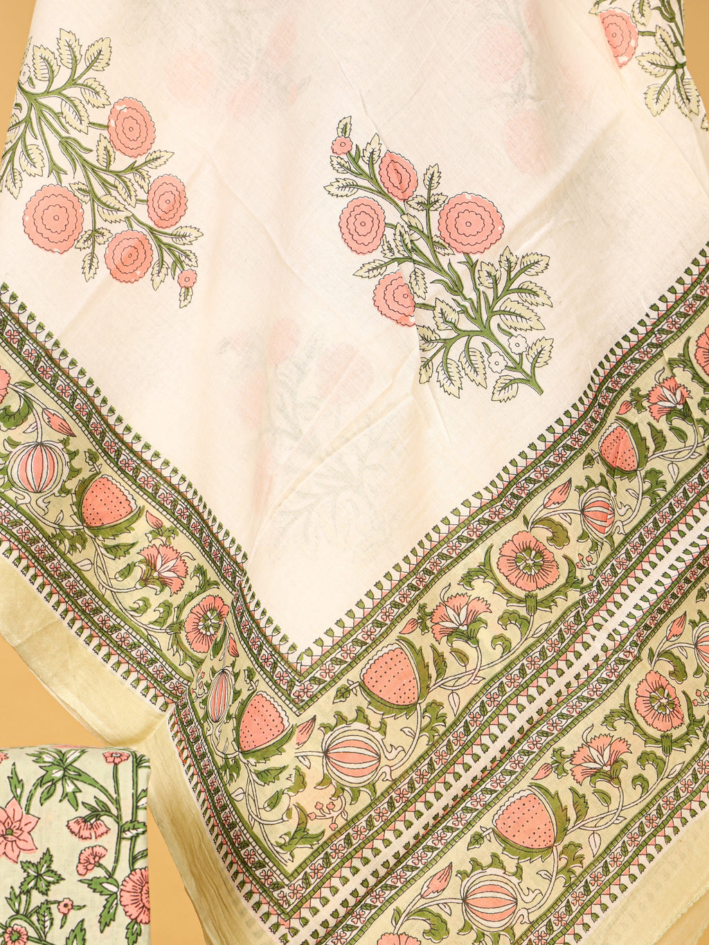 Women's Pure Cotton Sanganeri Print Unstitched Suit Set – Pastel Green & Peach Floral Design