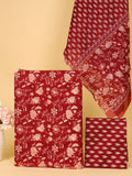 Women's Pure Cotton Sanganeri Print Unstitched Suit Set – Crimson Red & Ivory Floral Design