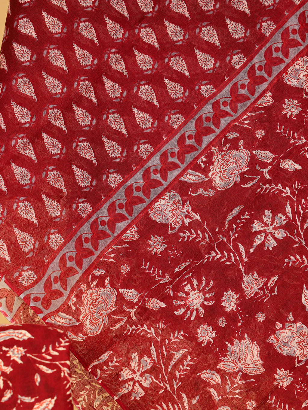 Women's Pure Cotton Sanganeri Print Unstitched Suit Set – Crimson Red & Ivory Floral Design